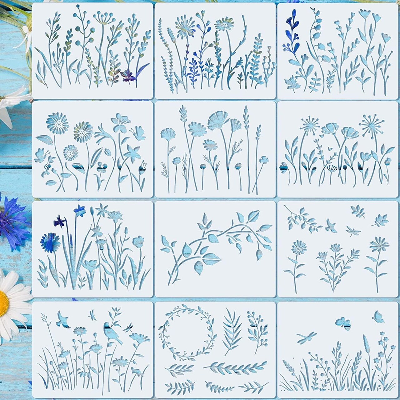 20-Piece Wildflower Painting Stencil Set – Reusable PET Spring Flower Templates for DIY Wall & Wood Art (Rectangular Design)